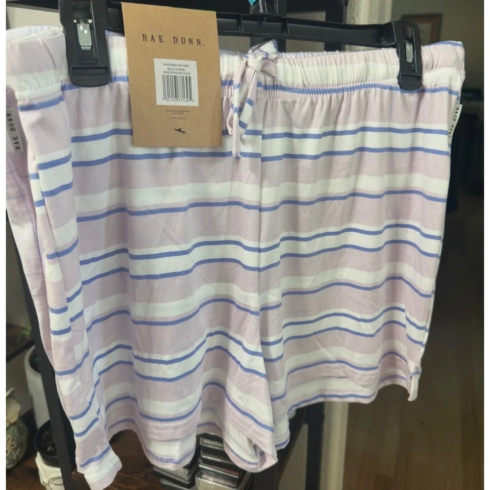 Rae Dunn Womens 2 Pack Pajama Shorts Lavender Plaid Striped Day Off Large NWT